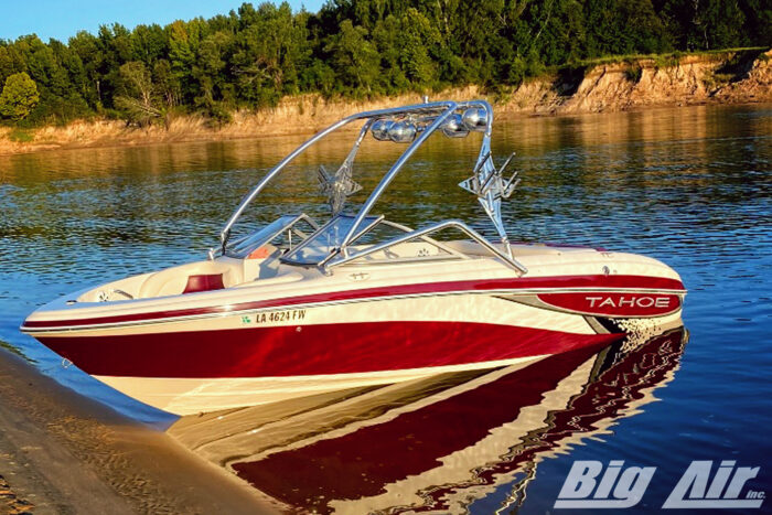 2012 Tahoe Q7i boat with Big Air Twister tower in polished finish. Equipped with Big Air Speaker and Light Bar Combo