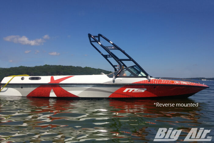 red, white, and gray MB sports boat with black big air cuda wake tower
