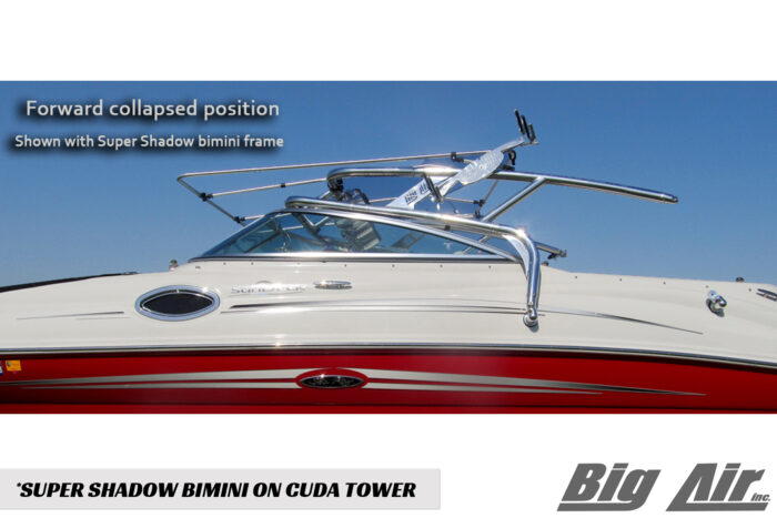 Showing the Super Shadow Bimini mounted on a Big Air Cuda tower in the collapsed position