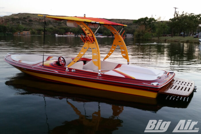 Customer powder coated big air wave tower and super shadow bimini mounted onto 1984 miller jet boat