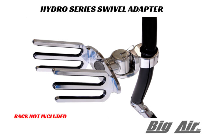 Big Air Hydro Rotating Swivel Rack Adapter in polished finish option mounted onto a Big Air Hydro Wake Rack