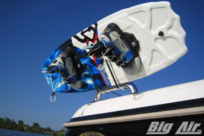 Big Air Oasis Towerless rack with 2 wakeboard option mounted onto boat holding wakeboard