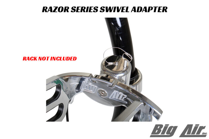 Big Air Razor Rotating Swivel Rack Adapter in polished finish option mounted on Big Air Razor Wake Rack