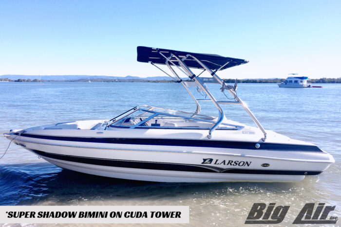 Big Air Super Shadow Bimini mounted on a Big Air Cuda Tower. Shown on a 2006 Larson boat
