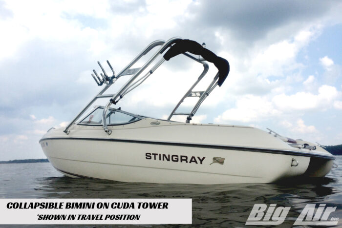 Big Air Bimini mounted onto a Big Air Cuda tower. Bimini is in the collapsed position. Shown mounted onto a Stingray boat