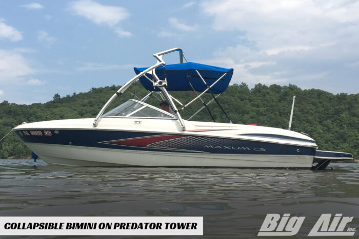Big Air Collapsible Bimini in the open position mounted onto a Big Air Predator tower. Shown on a 2008 Maxum 1800 boat