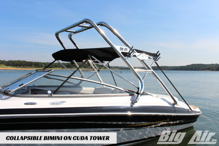 Big Air Collapsible Bimini in the open position mounted onto a Big Air Cuda tower on a Four Winns boat