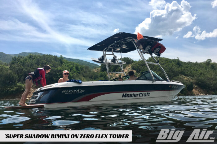 Mastercraft boat with a ZeroFlex tower showing an installed Big Air Super Shadow Bimini