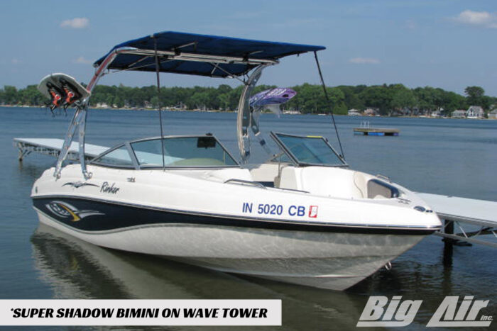 Rinker boat with an installed Big Air Wave tower and Super Shadow Bimini top
