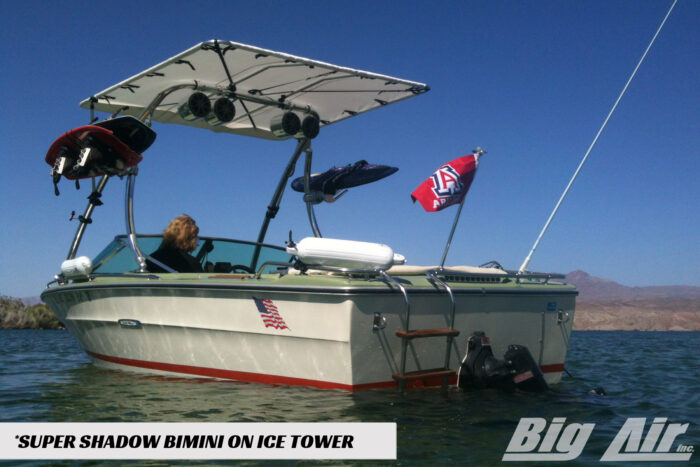 Big Air Super Shadow Bimini mounted on Big Air Ice tower. Shown on a Sea Ray boat