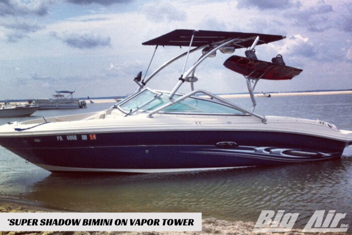 Big Air Super Shadow Bimini mounted on Big Air Vapor tower. Shown on a Sea Ray boat