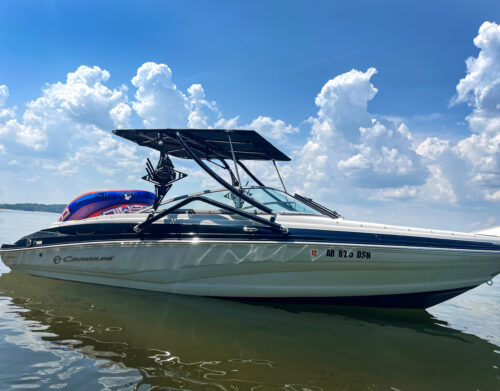 boat on the water showing the Big Air Twister Tower and Big Air Super Shadow Bimini