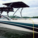 customer testimonial image of a 1998 Mastercraft Maristar with a Big Air Vapor tower and Super Shadow Bimini mounted onto it