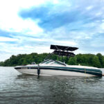 customer testimonial image of a 1998 Mastercraft Maristar with a Big Air Vapor tower and Super Shadow Bimini mounted onto it