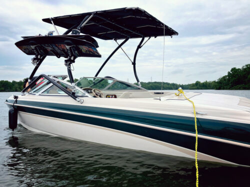 customer testimonial image of a 1998 Mastercraft Maristar with a Big Air Vapor tower and Super Shadow Bimini mounted onto it