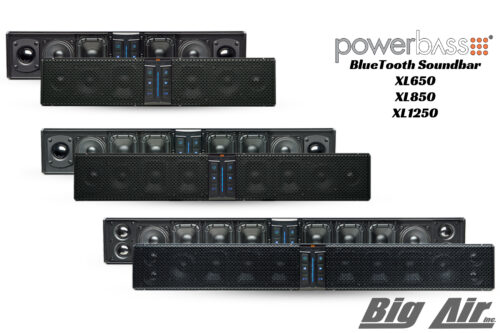 product display image showing 3 different PowerBass sound bar options on a white background.