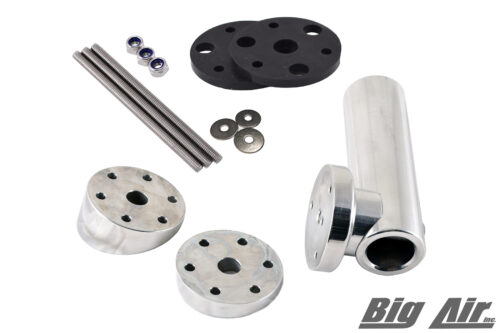 product photo of the big air hull mounted flag holder showing all parts that are included in the box. Flag holder, wedges, and mounting hardware