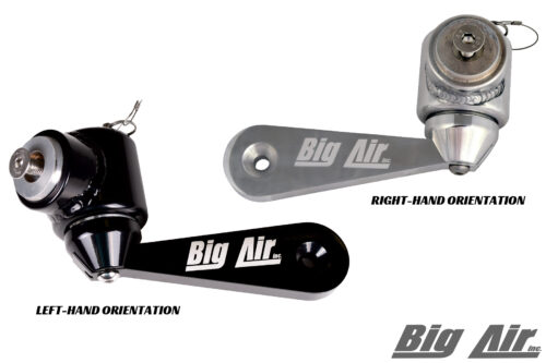 product photo showcasing the Big Air Razor Swivel Arm in both finishes, black and polished.
