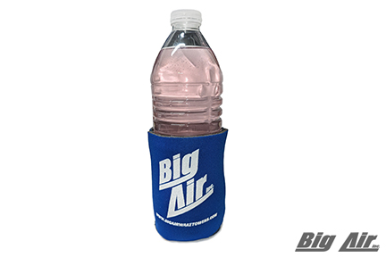 blue can koozie with white Big Air logo on the front with a water bottle inside of the koozie